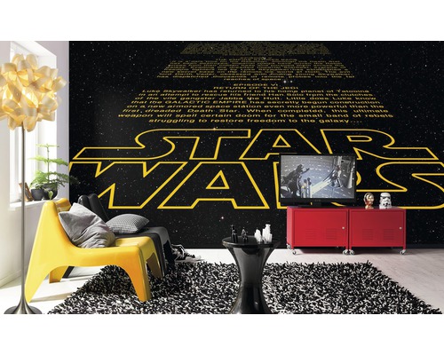 Pièce avec fresque murale Star Wars, fauteuil, tapis et télévision