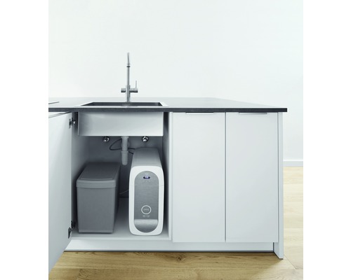 Wasserfilteranlage mit Wasserhahn und Abwasserbehälter unter einer Spüle in einem Küchenschrank.
