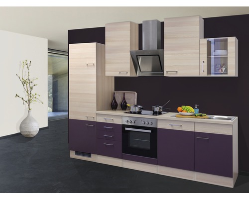 Bloc cuisine complète équipée Flex Well Focus 280 cm façade acacia aubergine mate, corps acacia variante réversible démonté