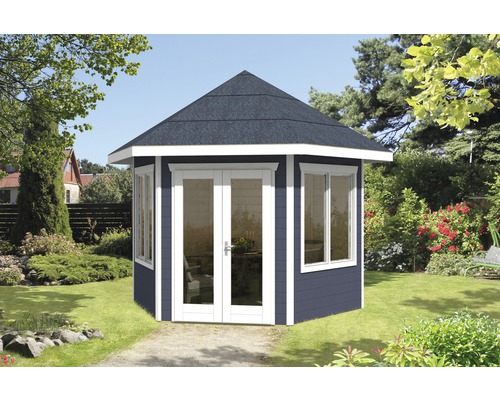 Pavillon de jardin en bois dans le jardin avec fenêtres et double porte