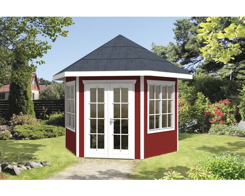 Pavillon de jardin avec porte double et plusieurs fenêtres dans le jardin