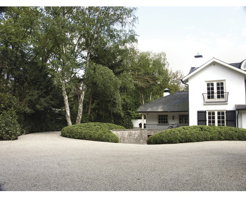 Auffahrt mit Kies, Sträuchern und Wohnhaus