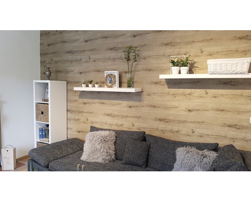 Wohnzimmer mit Holzpaneelwand, Sofa, Regalen und Dekoration