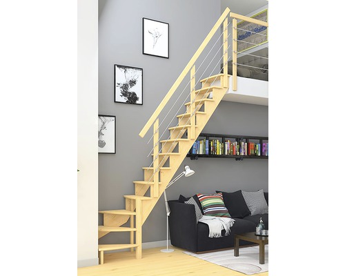 Escalier en bois avec garde-corps à câbles en acier dans un salon