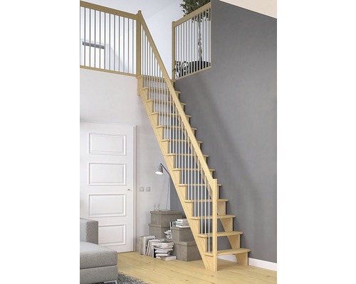 Escalier en bois avec rampe dans une pièce à vivre.