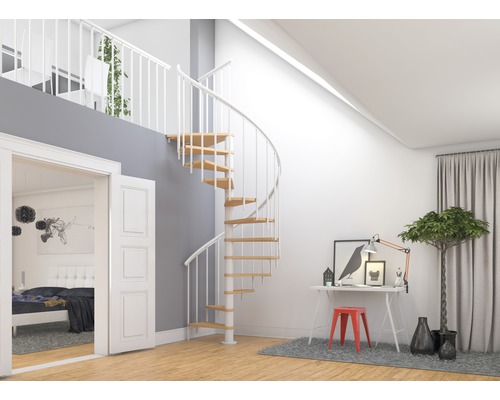 Salon moderne avec escalier en colimaçon, bureau et vue sur la chambre