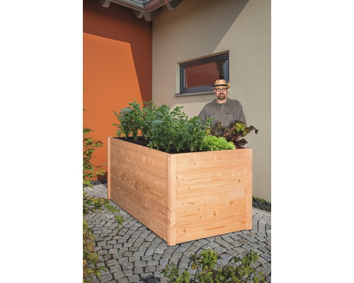 Jardinière en bois avec des légumes plantés et un homme