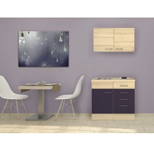 Petite cuisine avec évier, plaque de cuisson, meubles bas, meubles hauts et crédence avec motif d''aubergine dans un bureau.