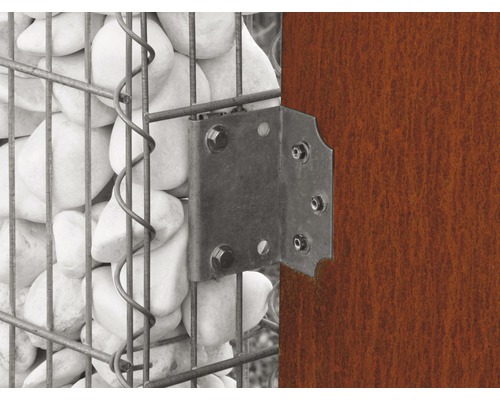 Gabion fixé avec une équerre de fixation sur une plaque d''acier