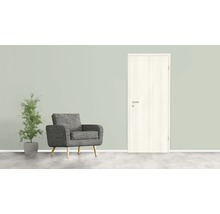 Porte intérieure avec poignée de porte, fauteuil gris et plante en pot dans une pièce lumineuse.