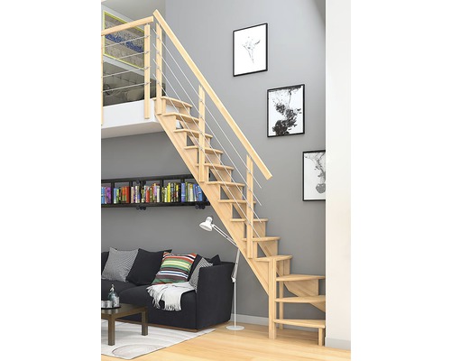 Escalier en bois avec garde-corps en métal dans un espace de vie moderne