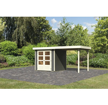 Abri de jardin avec carport sur surface pavée
