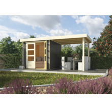 Abri de jardin avec toit et mobilier de jardin sur une surface pavée
