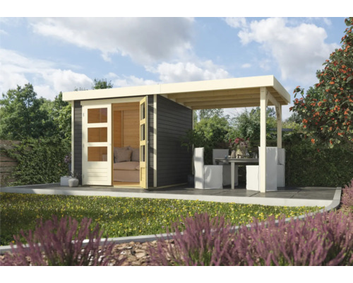 Abri de jardin Karibu Kodiak 2 avec toit en appentis 484 x 238 cm gris terre Abri de jardin avec toit et mobilier de jardin sur une surface pavée