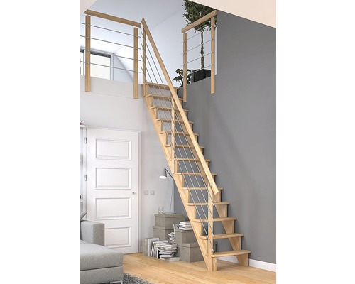 Escalier en bois avec rampe en acier inoxydable en intérieur