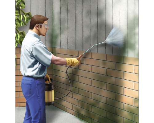 Mann sprüht Flüssigkeit auf eine Ziegelwand mit einem Pflanzenschutzmittel.