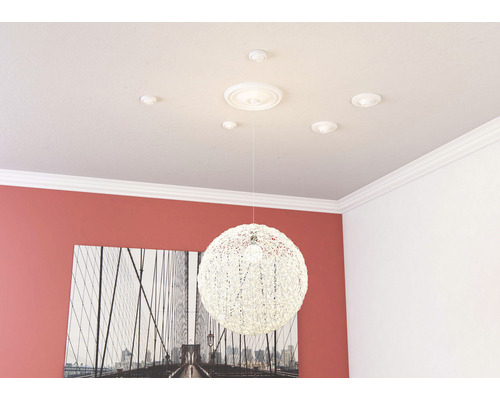 Plafond avec moulures, rosaces et une suspension