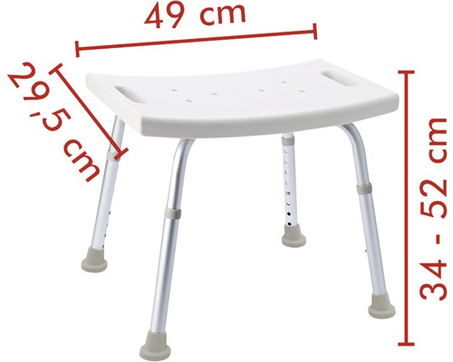Tabouret de douche avec pieds réglables et dimensions de 49 x 29,5 x 34 à 52 centimètres.