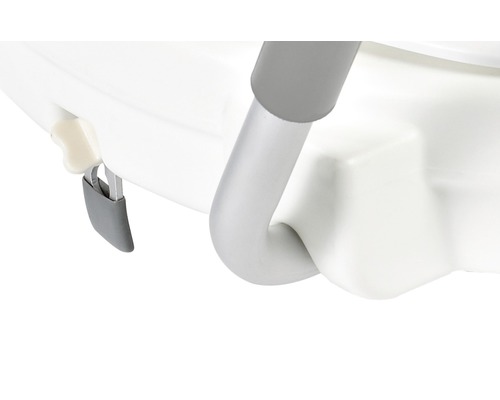 Vue détaillée d''un siège de toilette avec poignée et mécanisme de verrouillage.