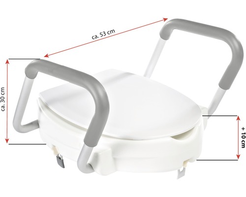 Rehausse-WC avec accoudoirs, environ 53 centimètres de large et 30 centimètres de haut