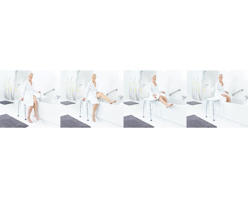 Quatre vues d''une salle de bains avec baignoire, barre d''appui et siège de bain avec une femme en peignoir.