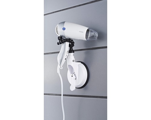 Haartrockner mit flexibler Halterung und Saugnapf an Wand