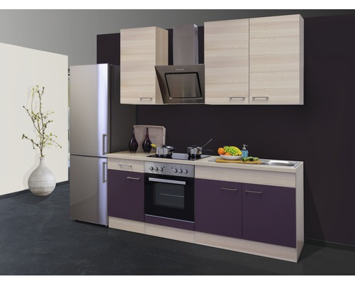 Flex Well Küchenzeile mit Geräten Focus 210 cm Frontfarbe akazie aubergine Matt Korpusfarbe akazie