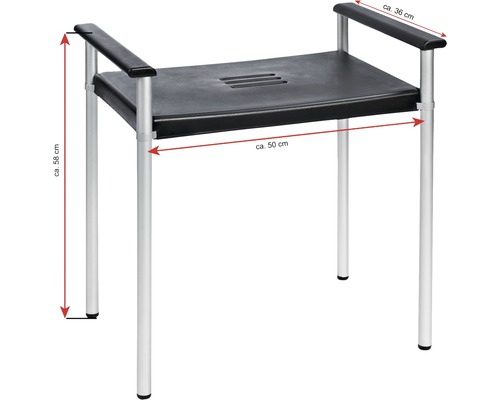 Tabouret de douche avec accoudoirs, assise d''environ 50 cm de large et 36 cm de profondeur, hauteur d''environ 58 cm