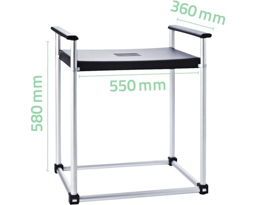 Duschhocker mit Armlehnen und Maßangaben