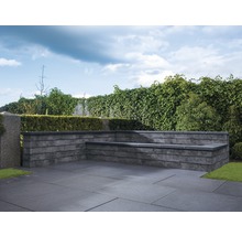 Espace extérieur avec pavés et banc de jardin en pierre