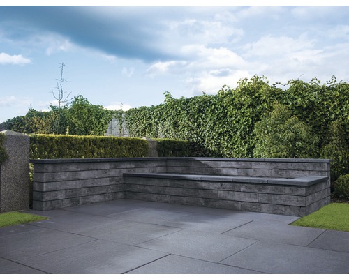 Espace extérieur avec pavés et banc de jardin en pierre