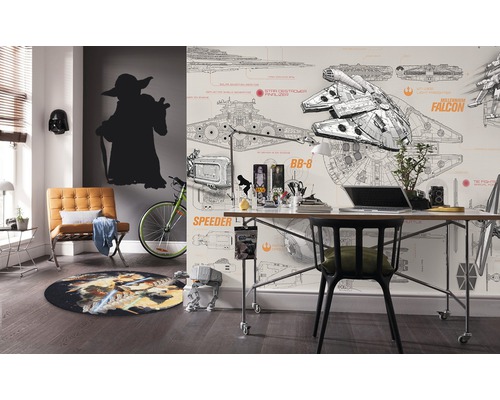 Pièce décorative avec des articles Star Wars tels qu''un tapis, un sticker mural et du papier peint