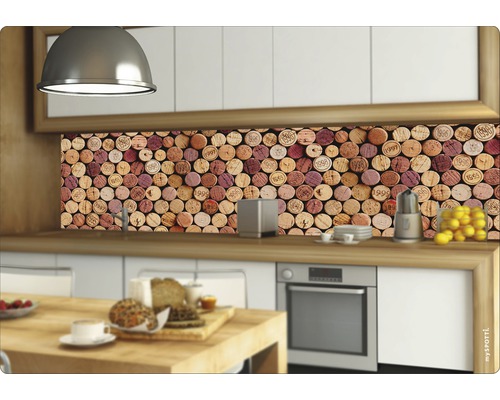 Scène de cuisine avec crédence à motif de bouchons de liège