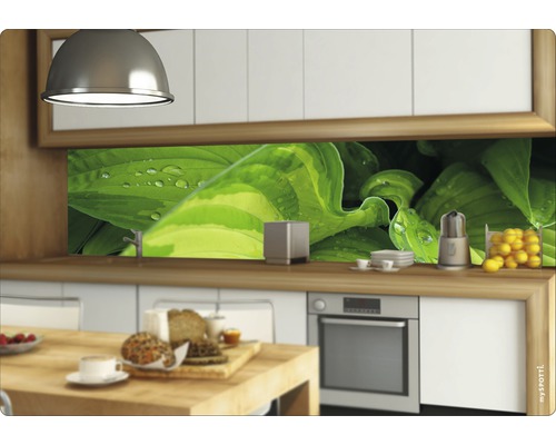 Scène de cuisine avec crédence à motif de plantes, ustensiles de cuisine et aliments sur un plan de travail.