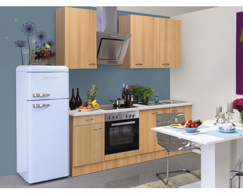 Flex Well Küchenzeile mit Geräten Nano 220 cm Frontfarbe buche Matt Korpusfarbe buche