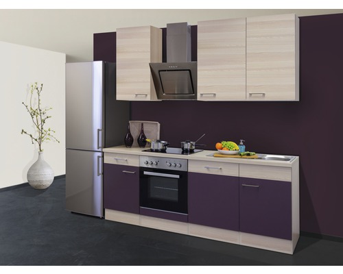 Flex Well Küchenzeile mit Geräten Focus 220 cm Frontfarbe akazie aubergine Matt Korpusfarbe akazie