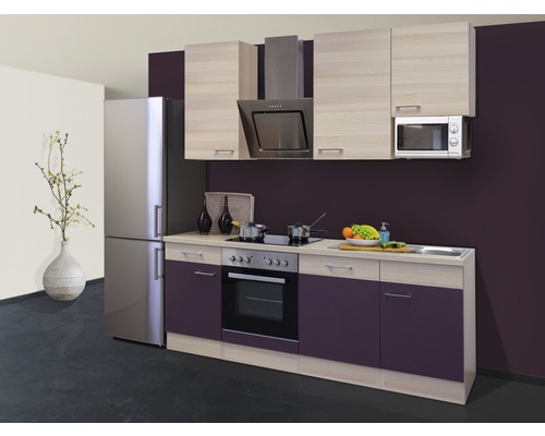 Flex Well Küchenzeile mit Geräten Focus 220 cm Frontfarbe akazie aubergine Matt Korpusfarbe akazie