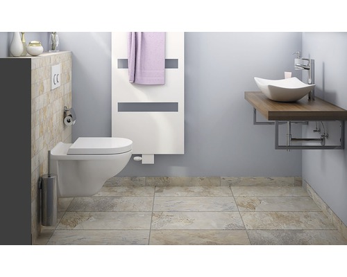 Salle de bains moderne avec WC suspendu, sèche-serviettes et lavabo à poser sur console en bois