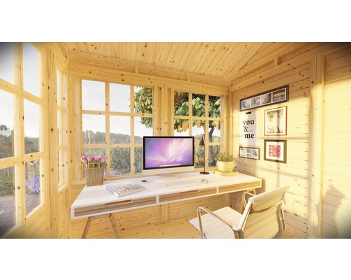 Abri de jardin en bois avec poste de travail, bureau, ordinateur et fenêtres