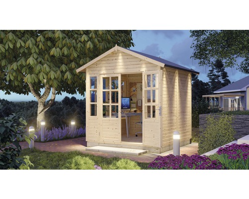 Abri de jardin Bertilo She Shed Teahouse avec plancher 276 x 267 cm naturel Maison de jardin en bois avec fenêtres et portes ouvertes dans le jardin