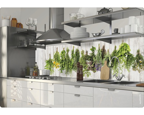 Scène de cuisine avec armoires blanches, évier en acier inoxydable et motif d''herbes aromatiques sur le mur du fond