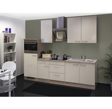 Cuisine avec évier, plaque de cuisson, four, hotte et armoires murales au design moderne
