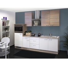 Cuisine équipée avec armoires suspendues, évier, plaque de cuisson et four encastrable devant un mur coloré