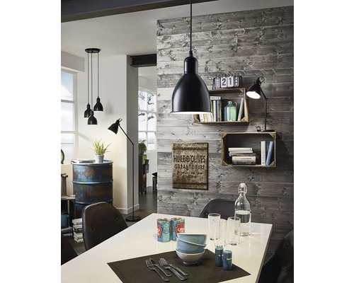 Salle à manger avec table, vaisselle, étagères murales et suspensions