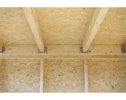 Holzkonstruktion mit Balken, Wand und Decke aus Holzwerkstoffplatten