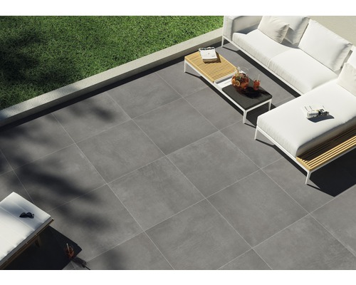 Dalle de terrasse en grès cérame fin FLAIRSTONE Modern dark bord rectifié 90 x 90 x 3 cm