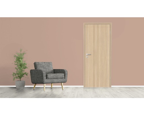 Innenraum mit Holztür, Sessel und Pflanze im Topf