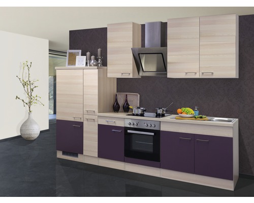 Bloc cuisine complète équipée Flex Well Focus 300 cm façade acacia aubergine mate, corps acacia variante réversible démonté