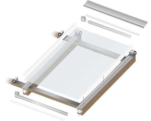 Dachkonstruktion mit Polycarbonatplatten, Profilen und Befestigungsmaterial