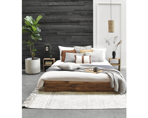 Chambre à coucher avec lit double, tables de chevet, plante d''intérieur, suspension et tapis